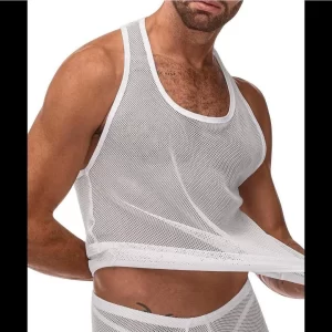 Male Power Stretch Net Tank Top White